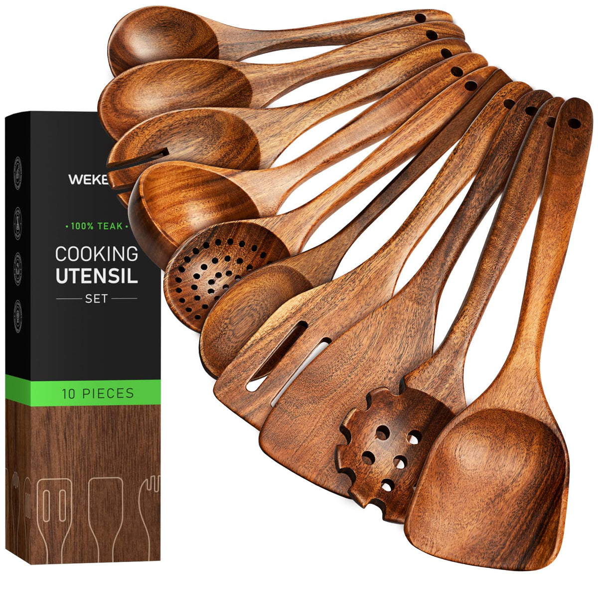 WEKELL front view of 10-piece teak utensil set showing complete tools and packaging benefit