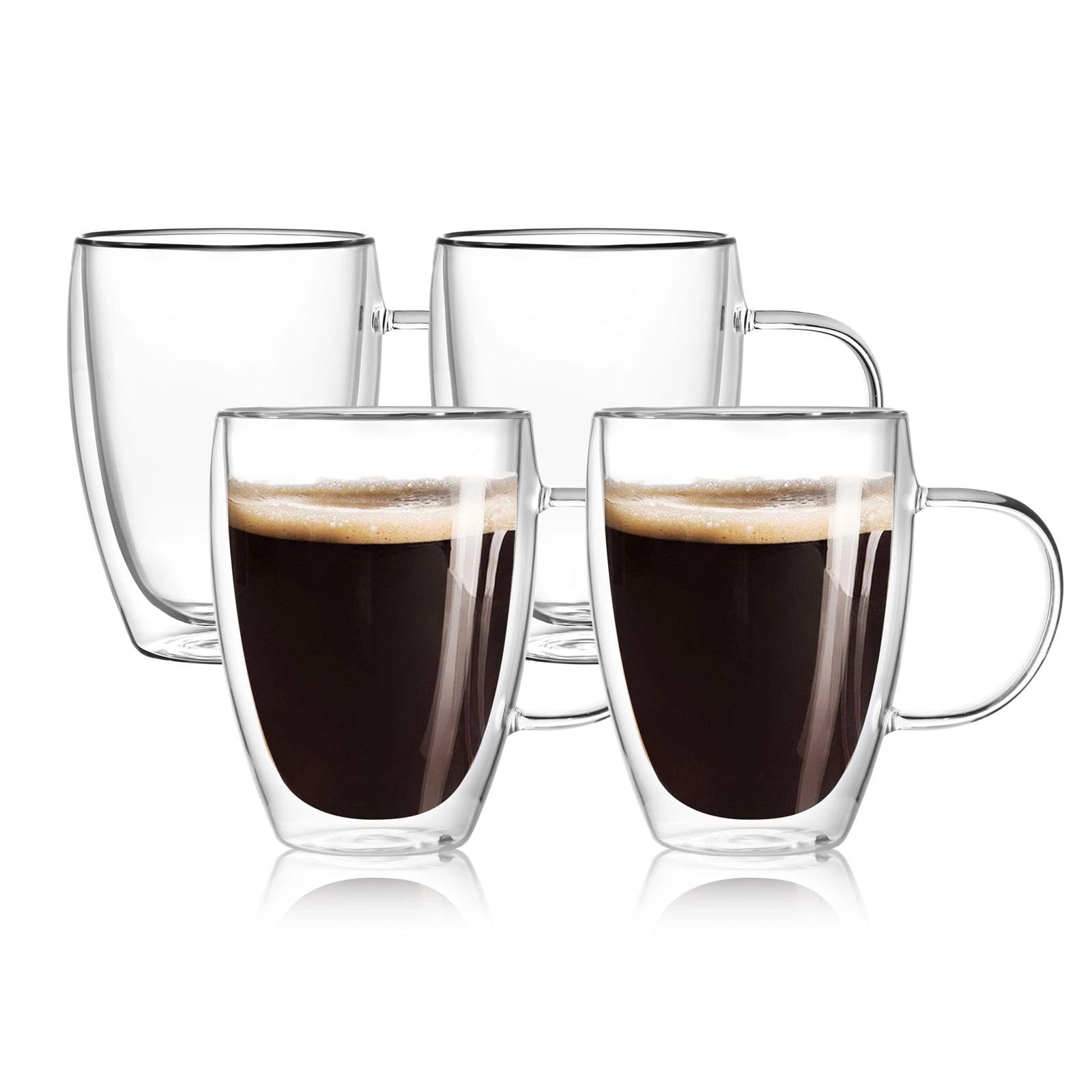 Wells clear 4-pack front view showing elegant transparent mugs and handles, great for display