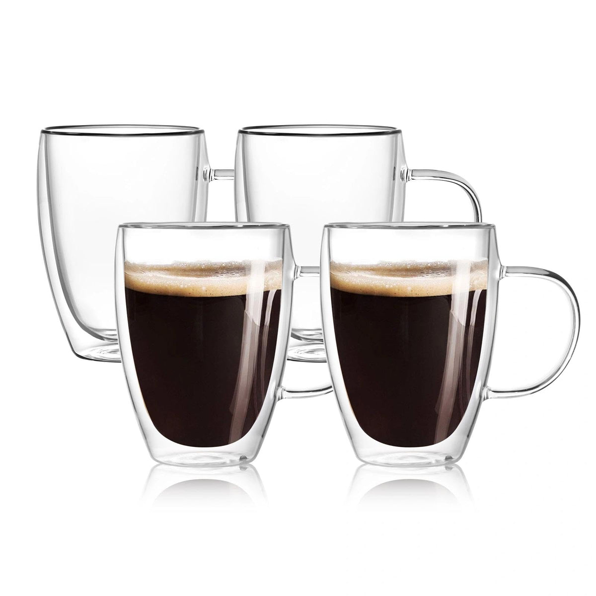 Wells clear 4-pack front view showing elegant transparent mugs and handles, great for display