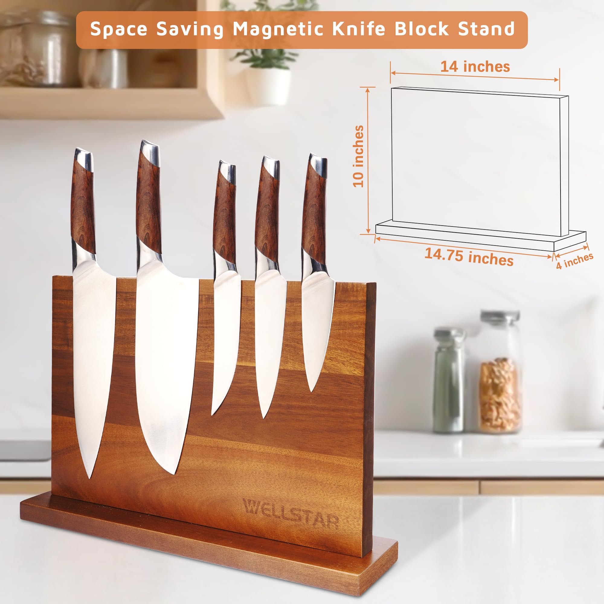 WELLSTAR size comparison with a chef knife showing 14x10 inch scale and space-saving benefit