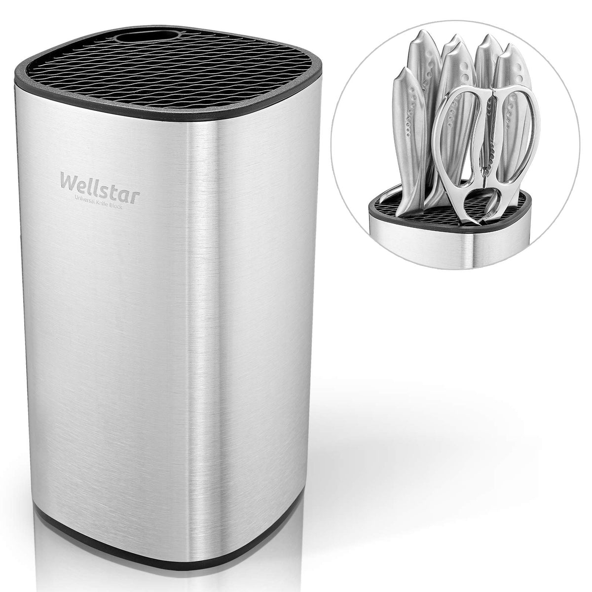 WELLSTAR front view stainless steel knife block showing secure organized storage