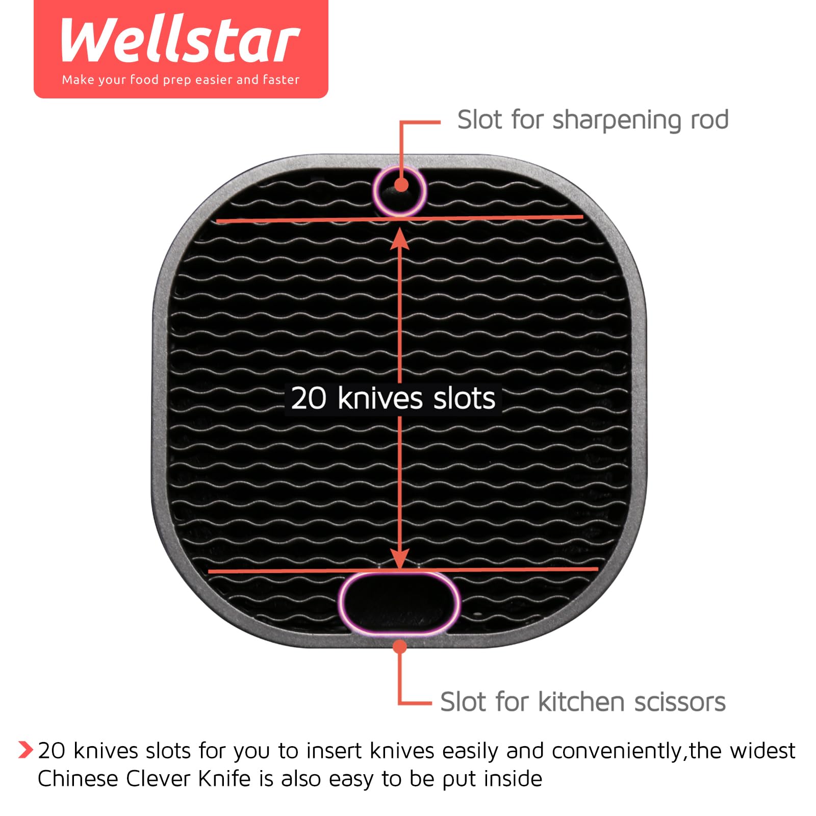 WELLSTAR knife block on busy kitchen counter saving space and reducing clutter
