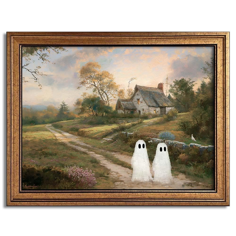 Wemandh gold framed front view showing ghost artwork and warm vintage tones for cozy decor