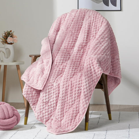 Wemore front view of pink fleece weighted blanket showing full-size and color benefit
