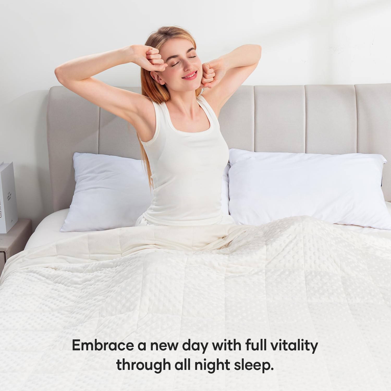 Wemore draped on queen bed to show true 60x80 size and fit advantage