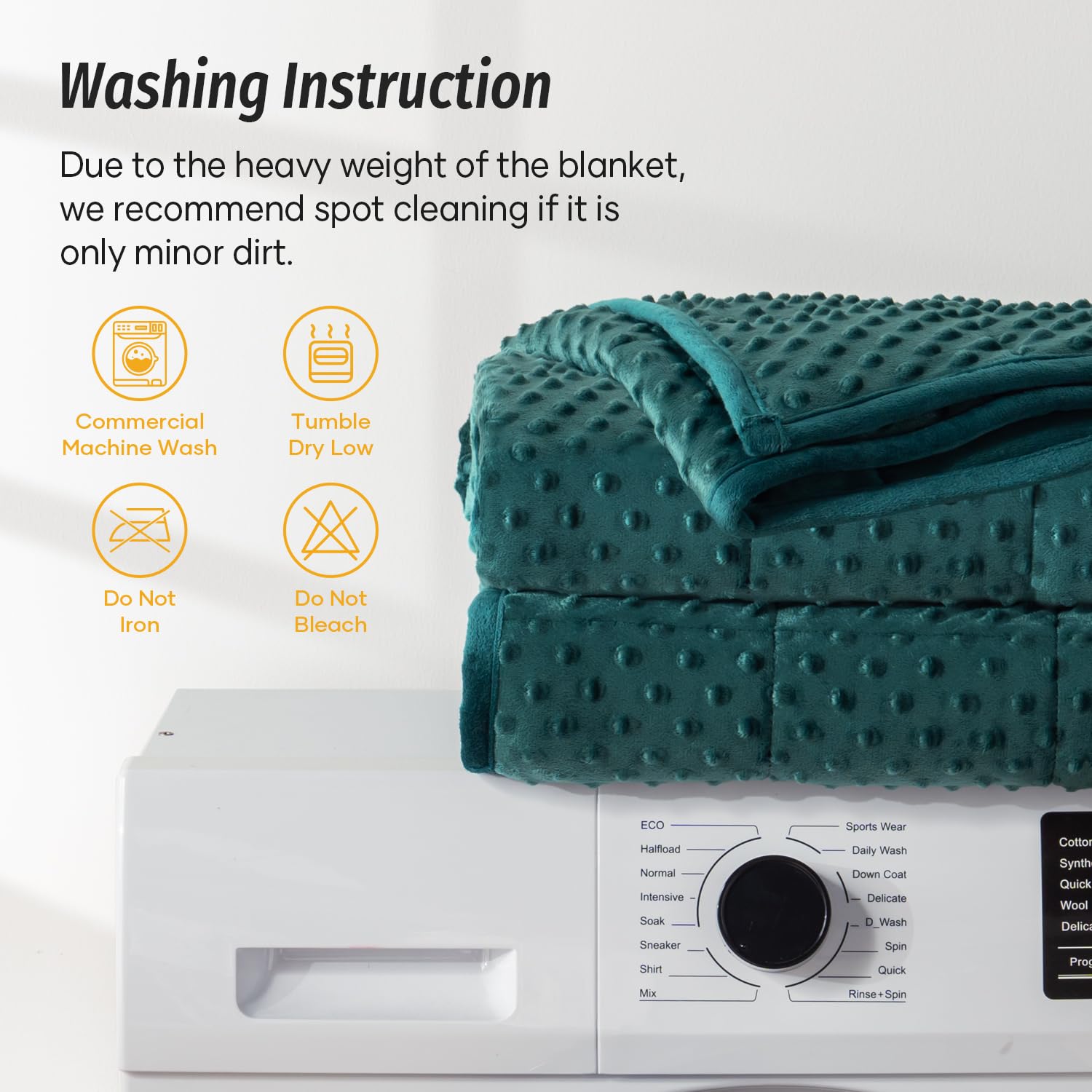 Wemore care tag and washer suggesting easy machine-wash convenience
