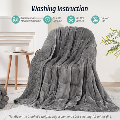 Wemore folded blanket with care label demonstrating easy maintenance and durability