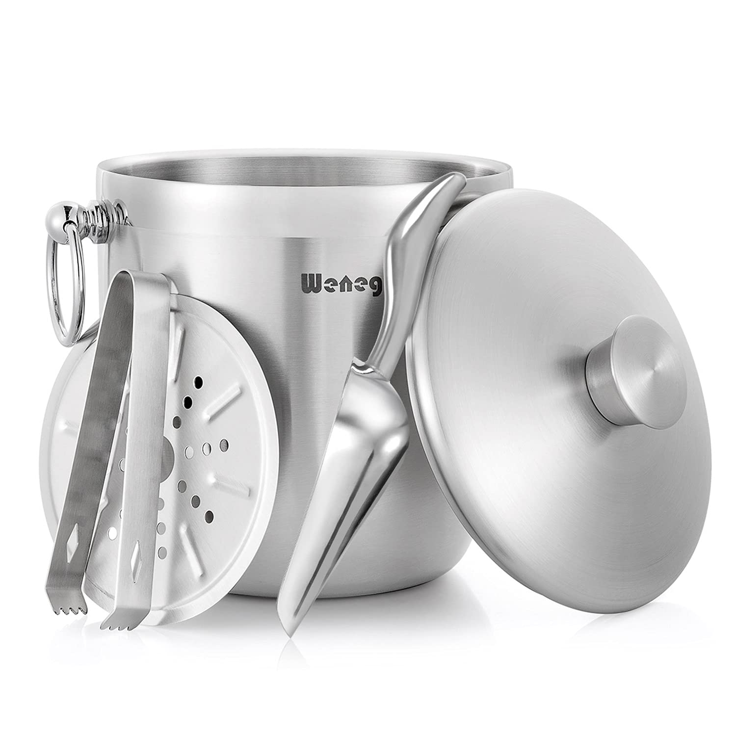 WENEGG ice bucket front view showing sleek stainless finish and lid, stylish durable serving