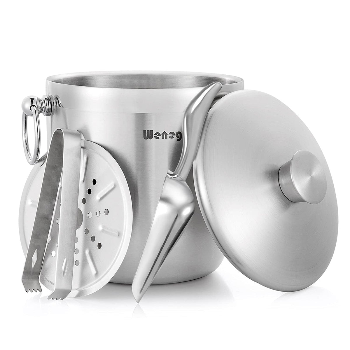 WENEGG ice bucket front view showing sleek stainless finish and lid, stylish durable serving