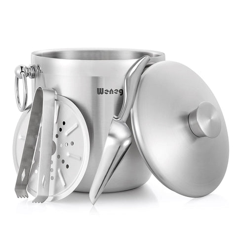WENEGG ice bucket front view showing sleek stainless finish and lid, stylish durable serving
