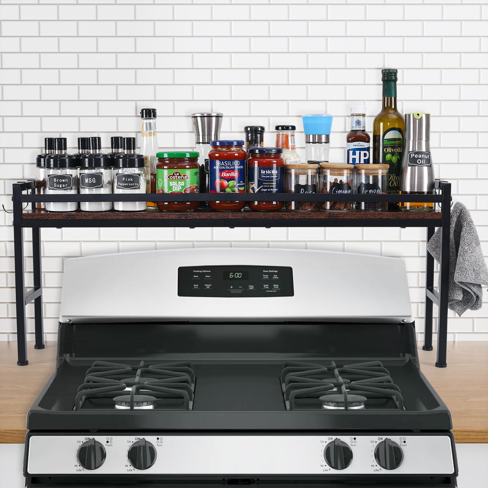 weslinkeji front view of stove rack showing organized spices and neat storage benefit