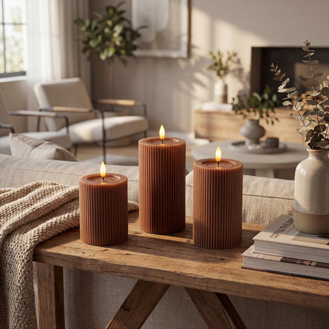 West Ivory brown pillars arranged as a dining table centerpiece offering safe glow