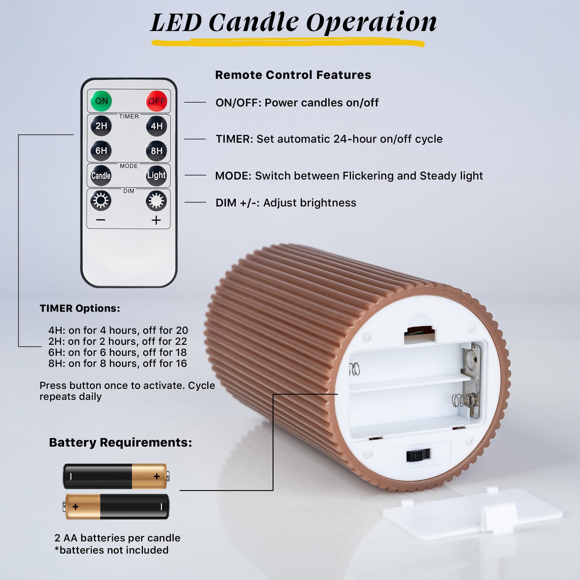 West Ivory remote and controls displayed for easy dimming and timer convenience