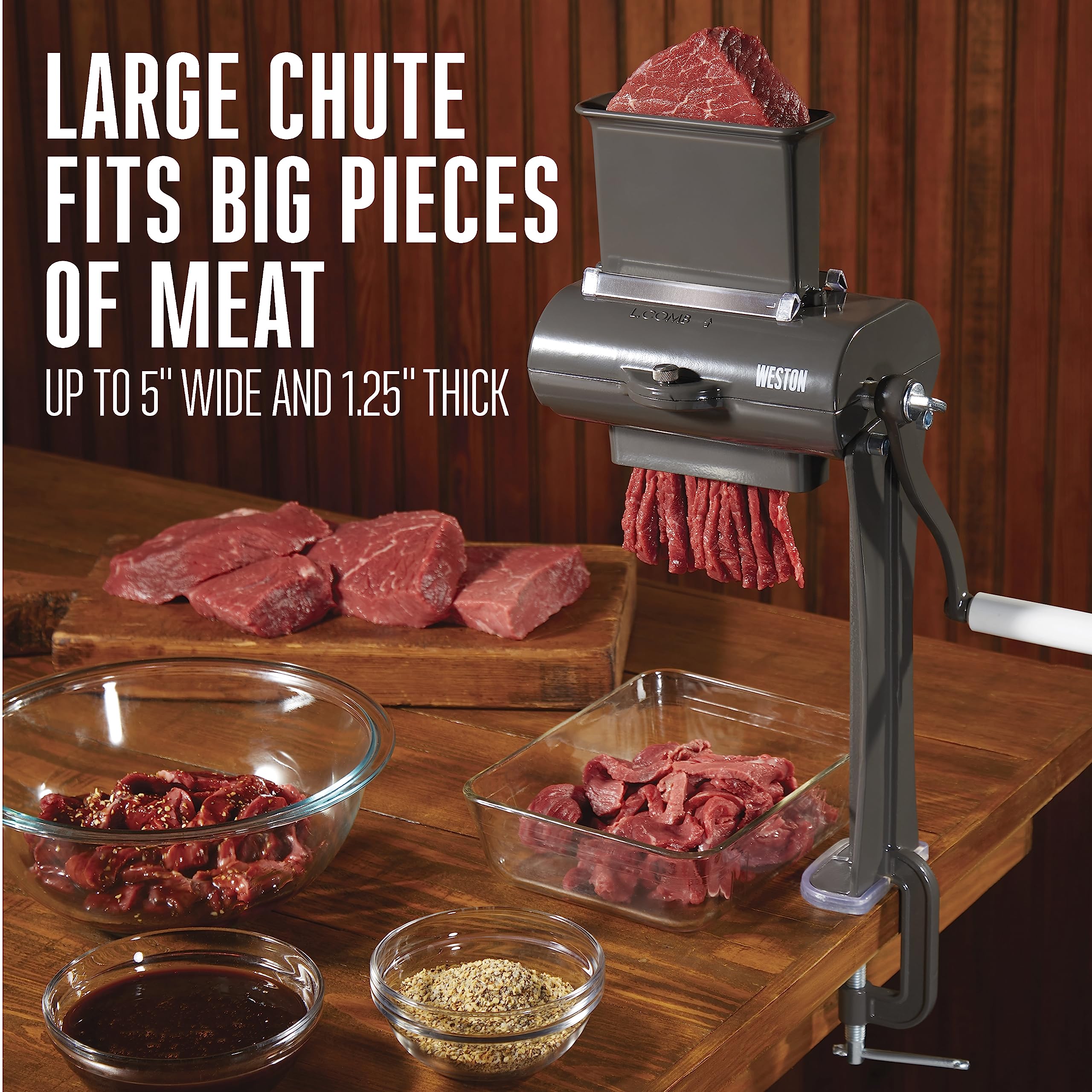 Weston jerky slicer clamped to counter showing stable mounting for safer operation