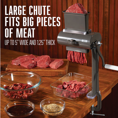 Weston jerky slicer clamped to counter showing stable mounting for safer operation