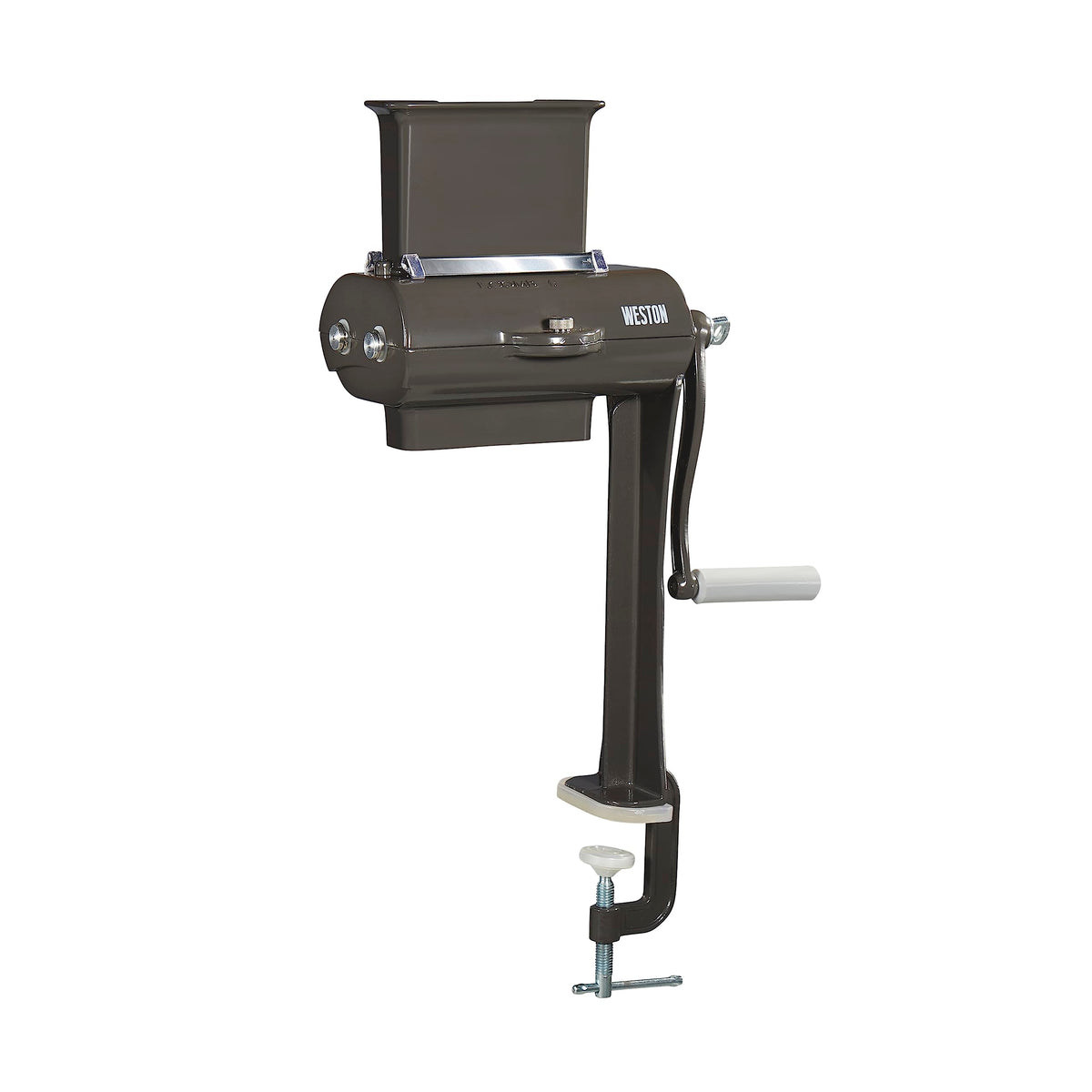 Weston front view of jerky slicer showing sturdy aluminum frame and blade bank for reliable slicing