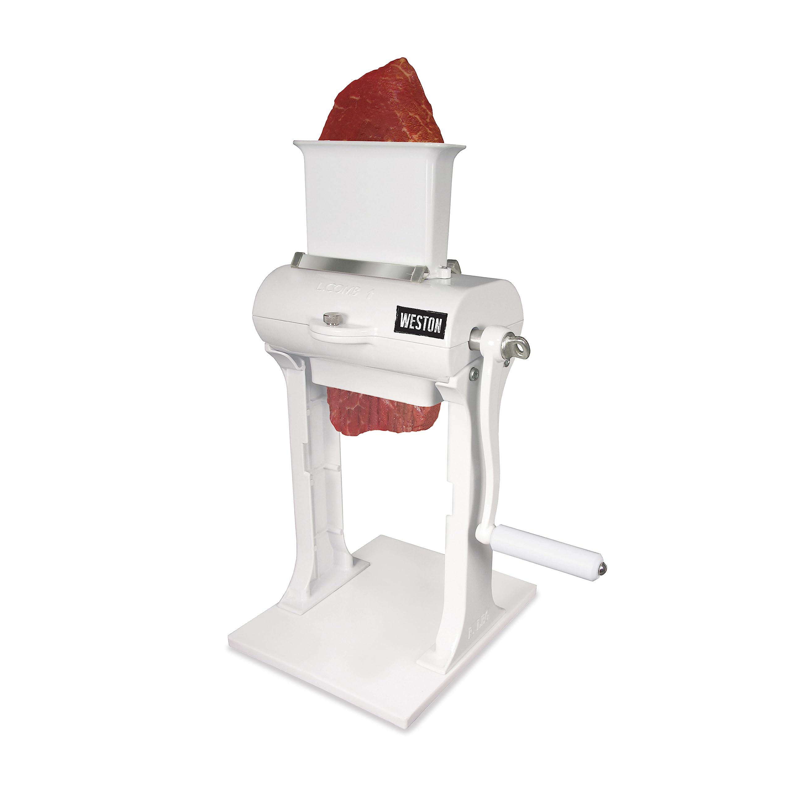 Weston front view of meat tenderizer showing stable base and feed chute benefit durable operation