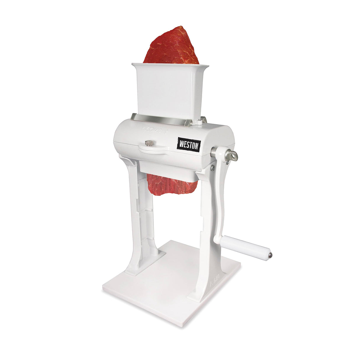 Weston front view of meat tenderizer showing stable base and feed chute benefit durable operation