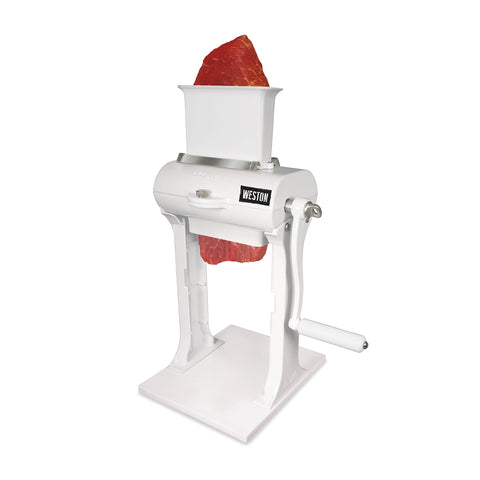 Weston front view of meat tenderizer showing stable base and feed chute benefit durable operation