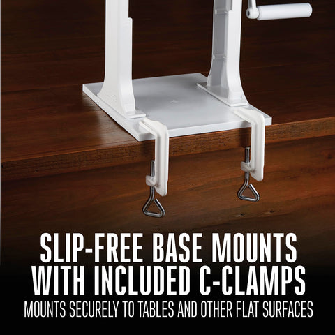 Weston mounted on counter with C-clamp illustrating stable operation and slip-free benefit