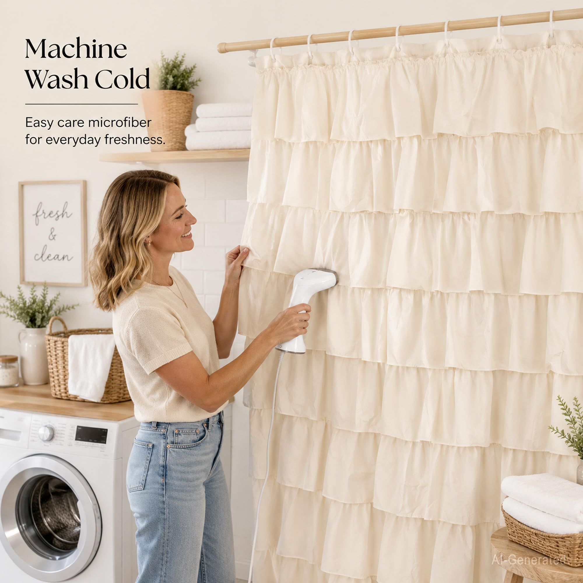 WestWeir curtain in styled bathroom showcasing warm, inviting aesthetic