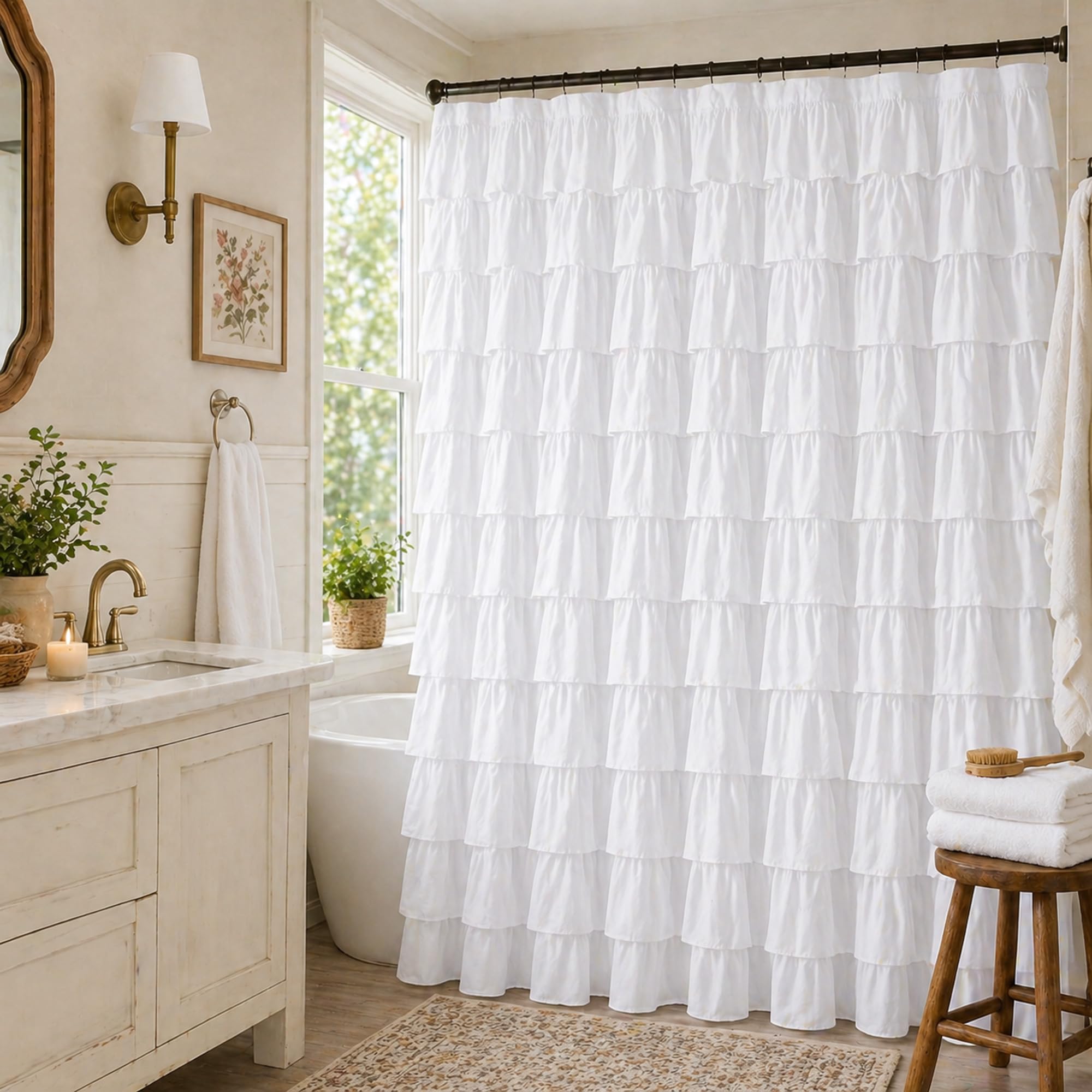WestWeir front view of white ruffle shower curtain showing full panel and charm