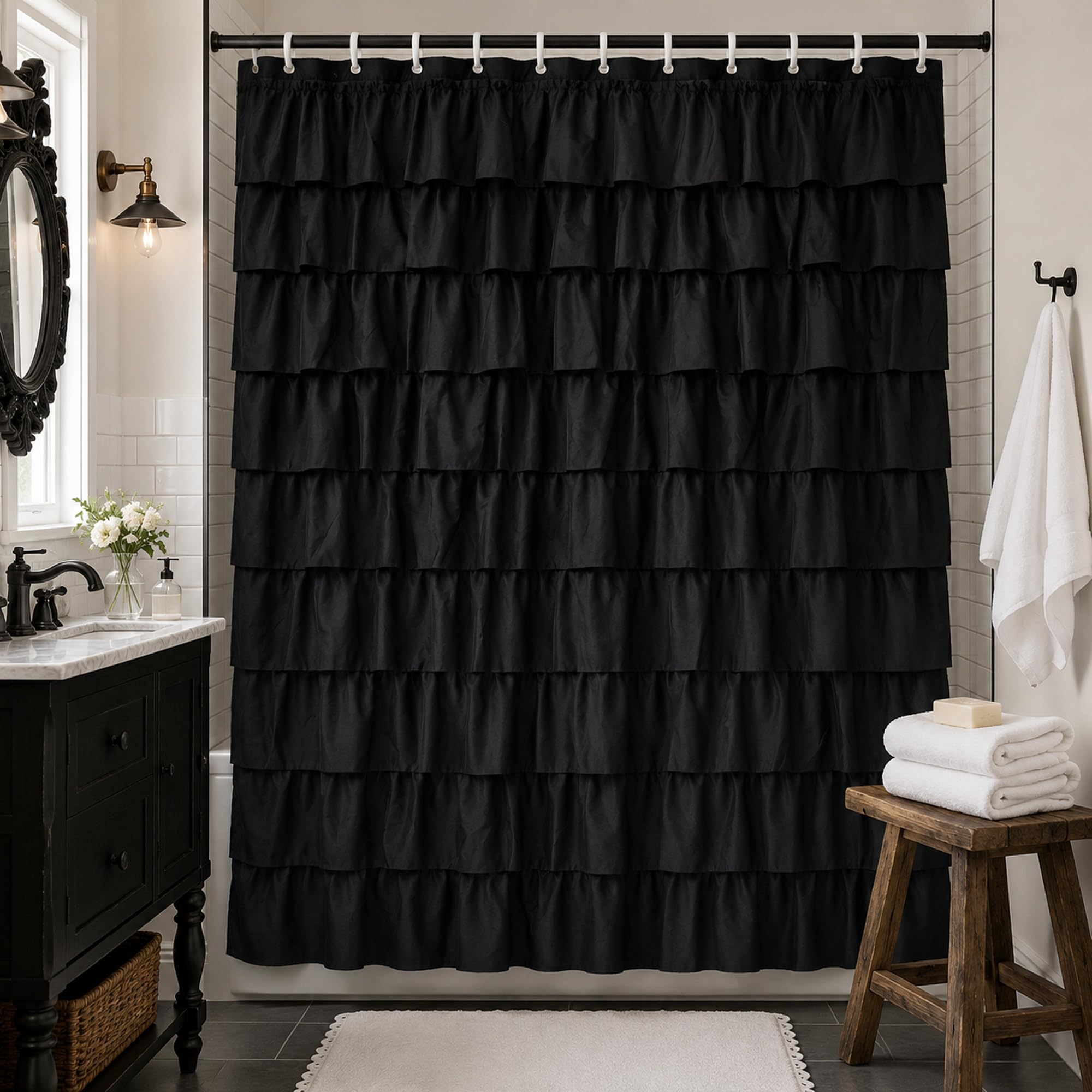 WestWeir front view of black ruffle curtain showing dramatic texture and style