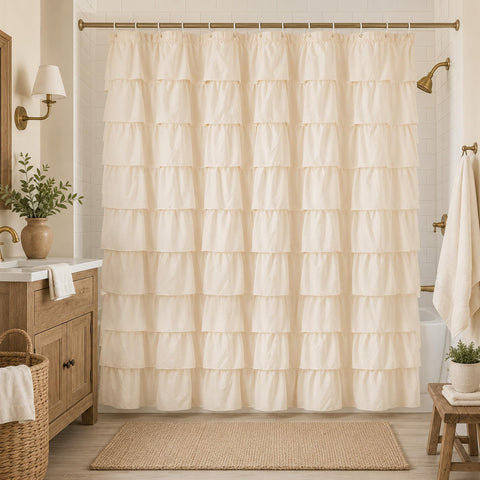 WestWeir front view showing full beige ruffle curtain and elegant coverage