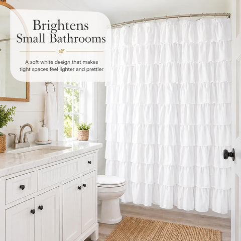 WestWeir curtain in bathroom for size comparison showing 72x72 fit and scale