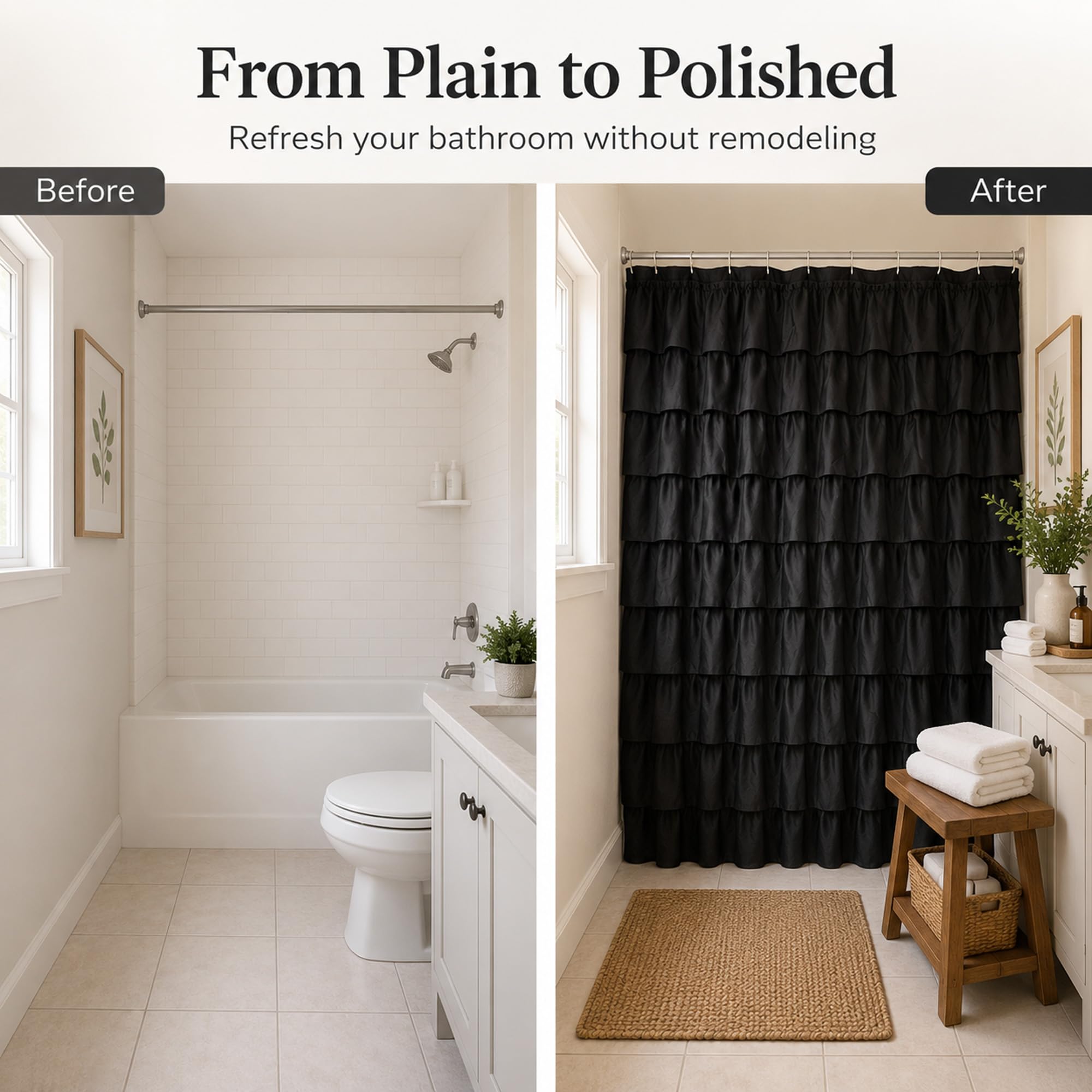 WestWeir curtain next to tub showing 72x72 scale and full shower coverage