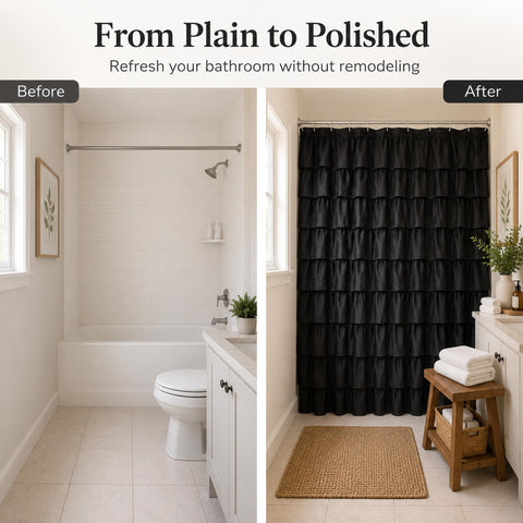 WestWeir curtain next to tub showing 72x72 scale and full shower coverage