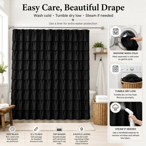 WestWeir curtain styled against white tile showing bold contrast and decor impact