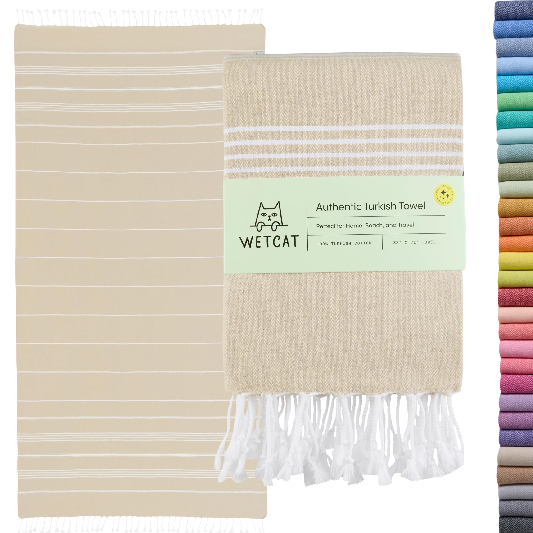 WETCAT front view beige towel showing full size and neat finish, easy transport benefit