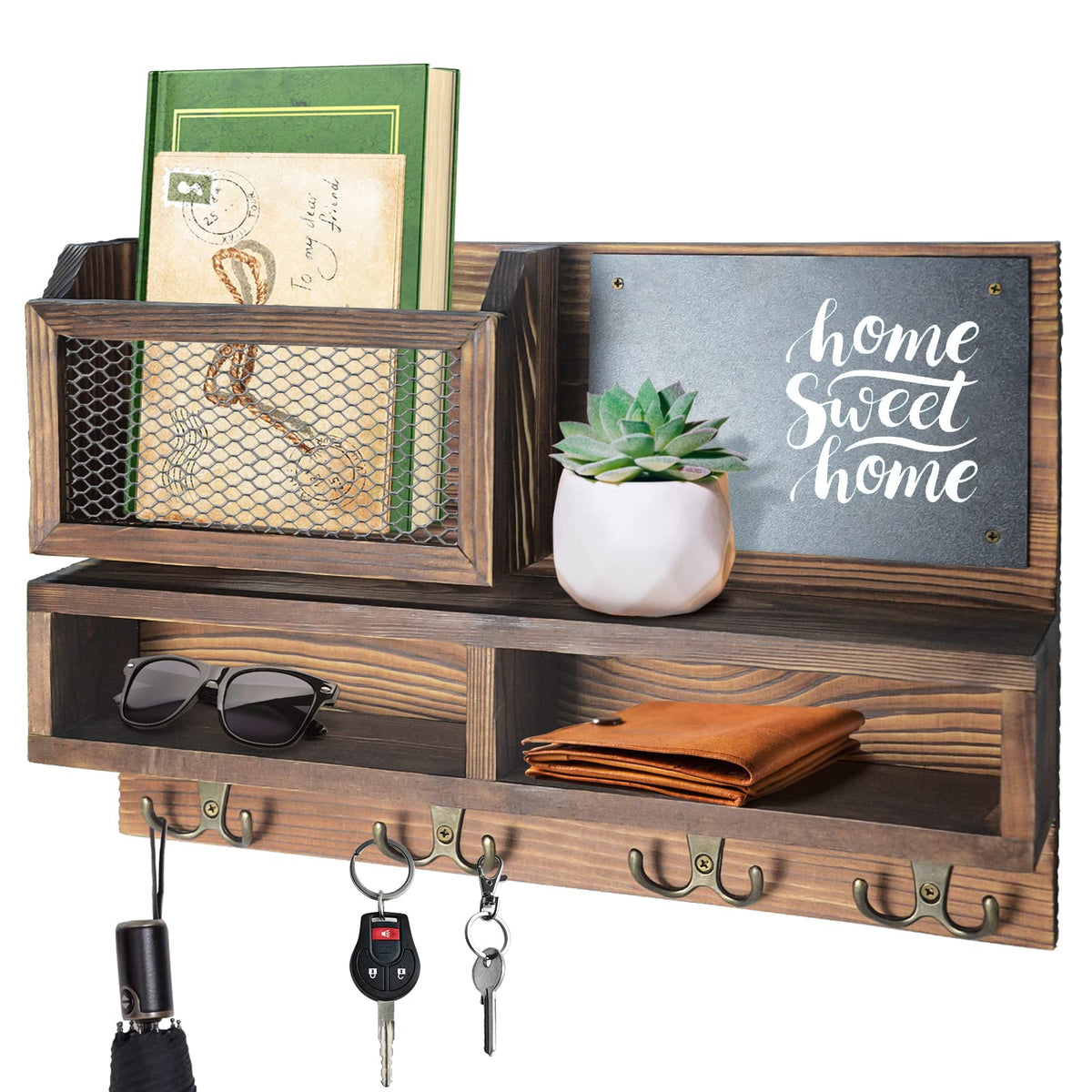 WEWEOW front view key holder showing hooks and shelf for quick access