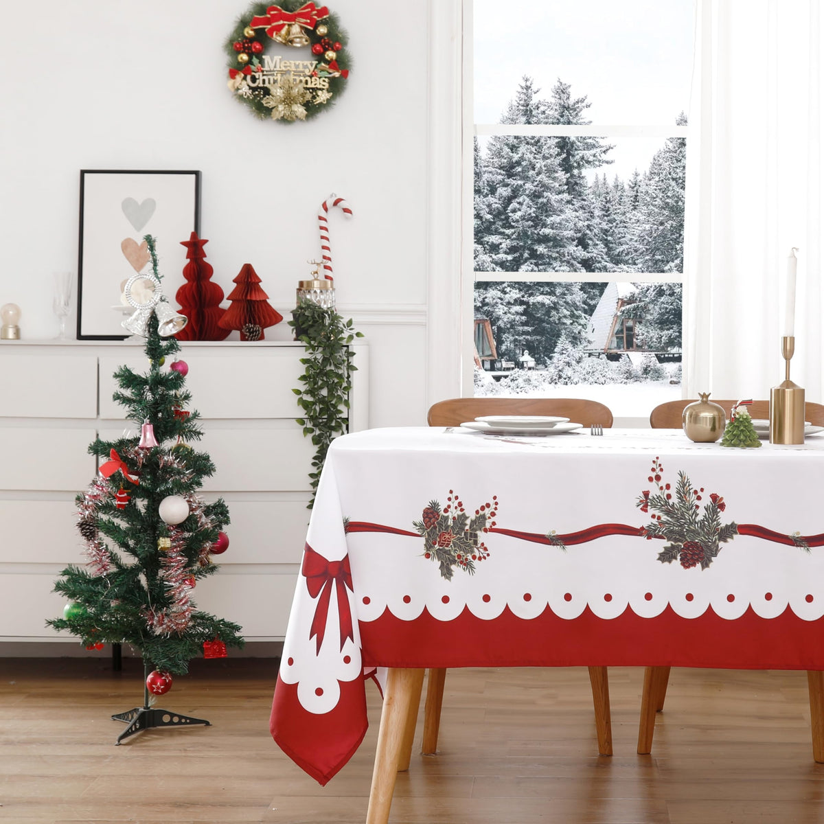 Wewoch front view of ribbon tablecloth showing festive look and easy styling