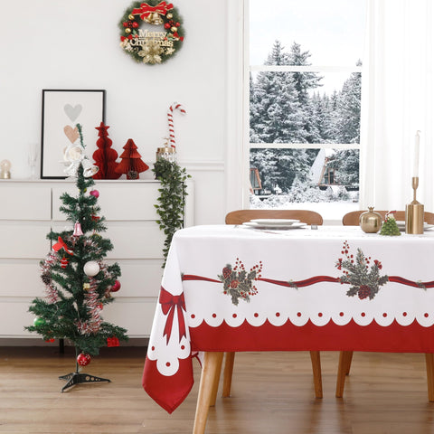 Wewoch front view of ribbon tablecloth showing festive look and easy styling