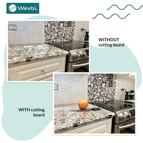 Wexbi cutting board beside chef knife for size and scale, useful for planning prep