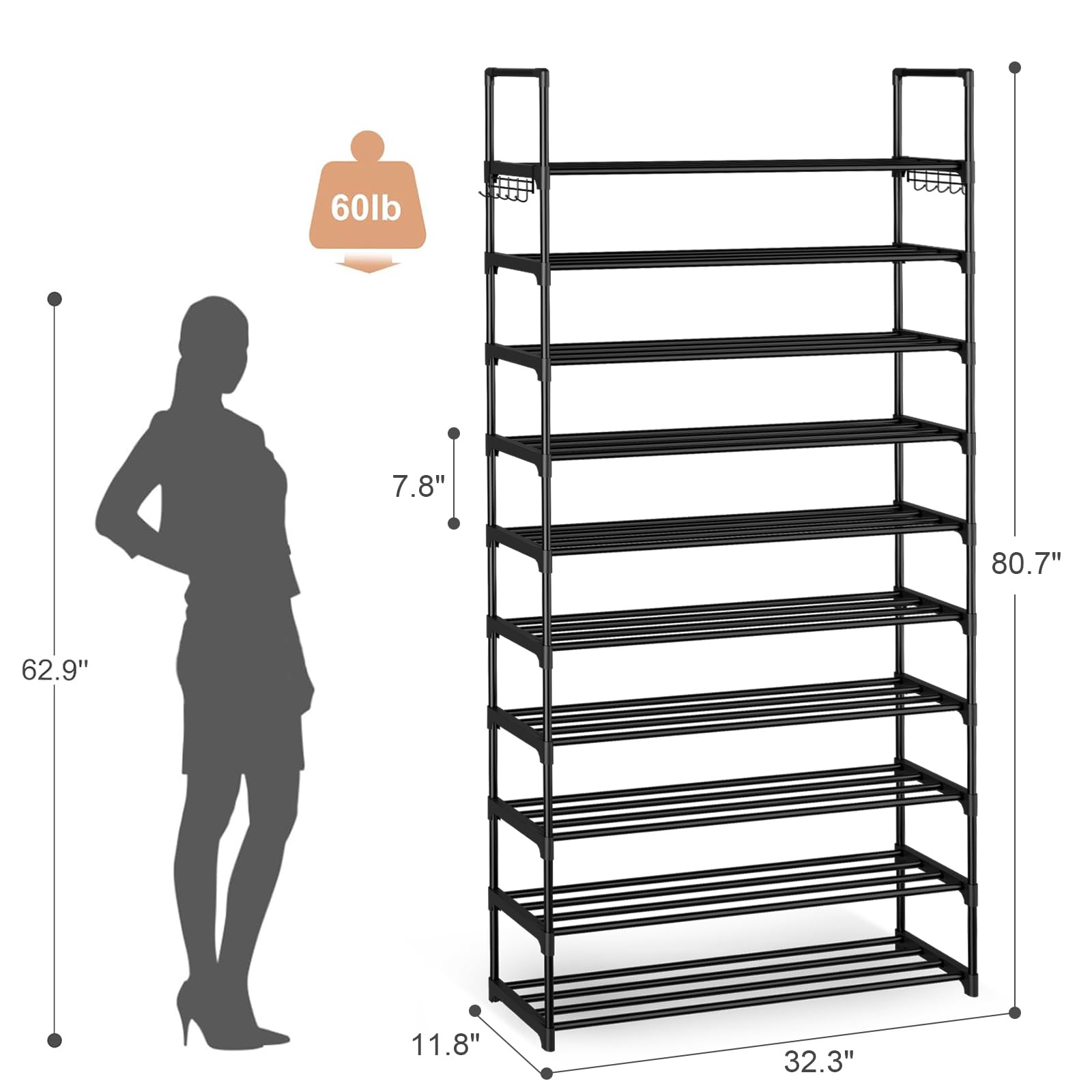 WEXCISE side profile showing 7.8 inch shelf spacing for taller shoes