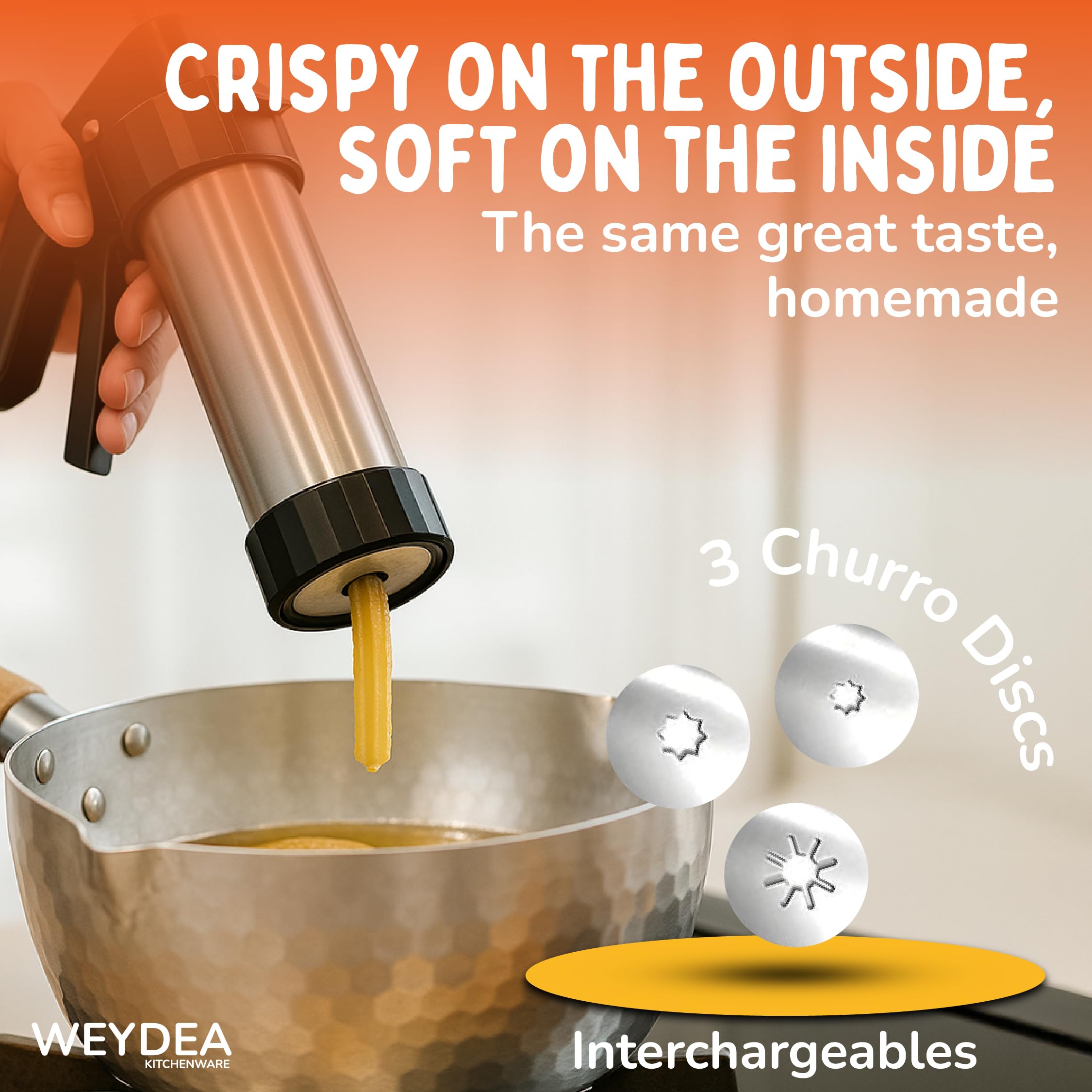 WEYDEA filling injector detail demonstrating nozzle control for filled churros benefit: easy rellenos