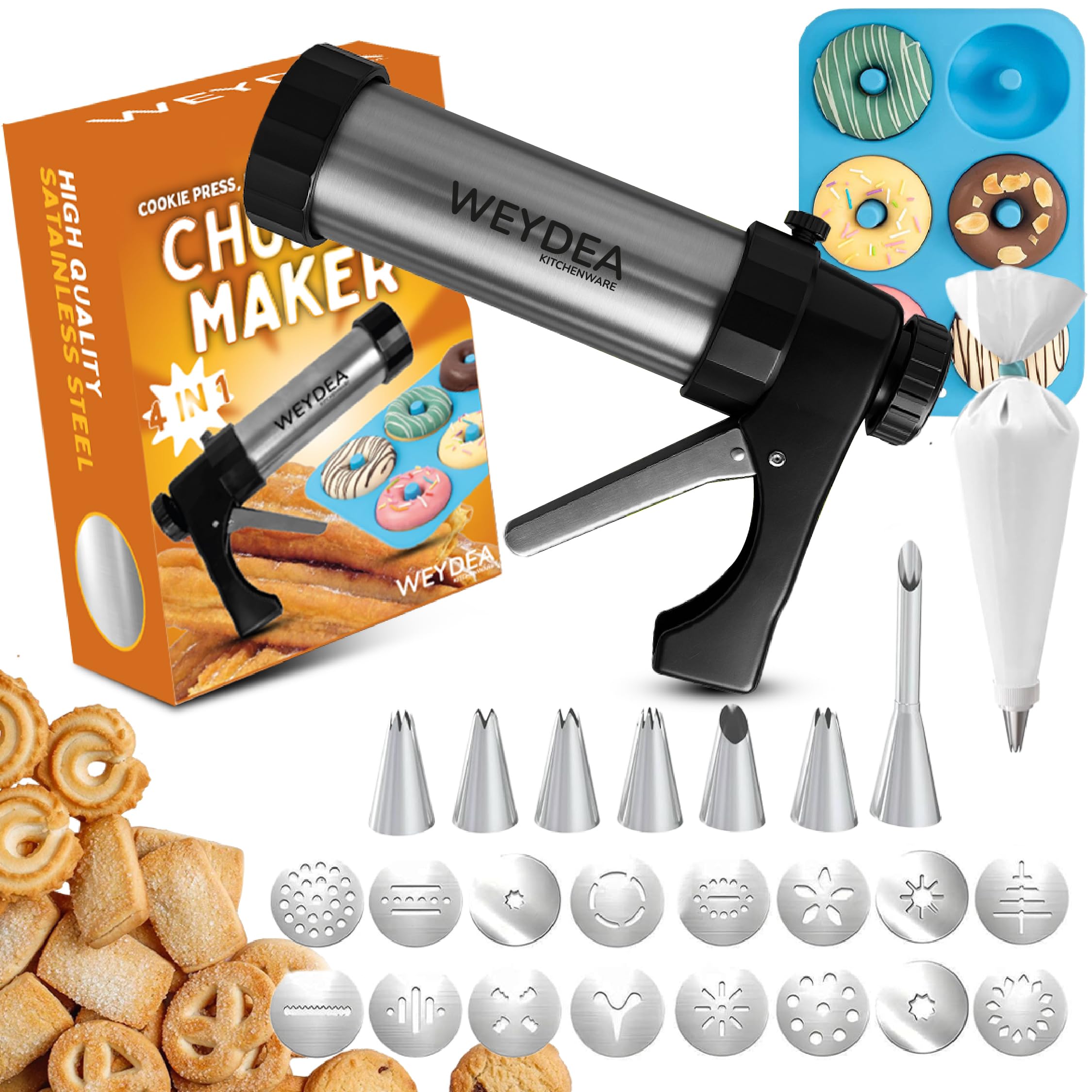 WEYDEA front packaging shot showing complete churro maker kit and accessories benefit: gift-ready