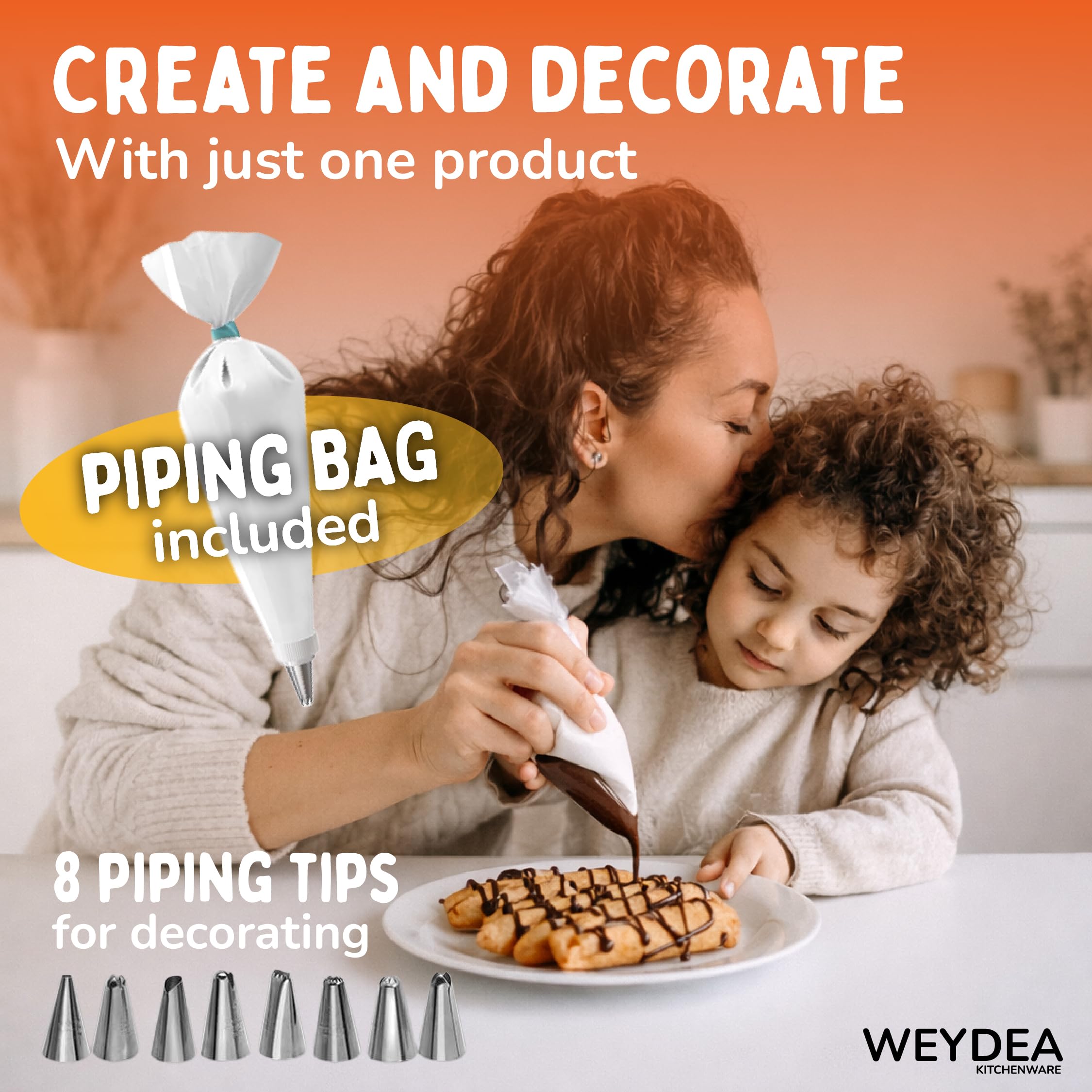 WEYDEA piping kit and stainless tips arranged to show decorating options benefit: versatile finishing