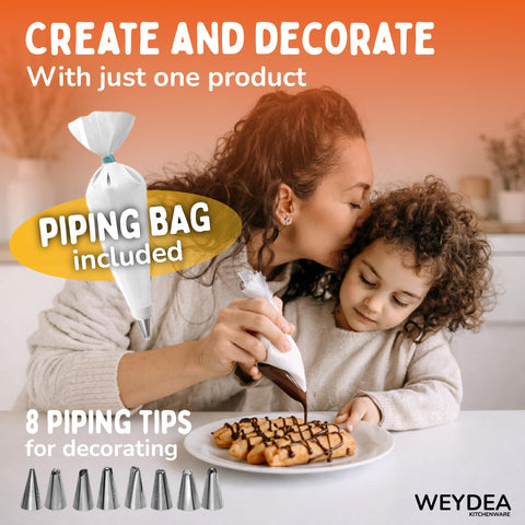WEYDEA piping kit and stainless tips arranged to show decorating options benefit: versatile finishing