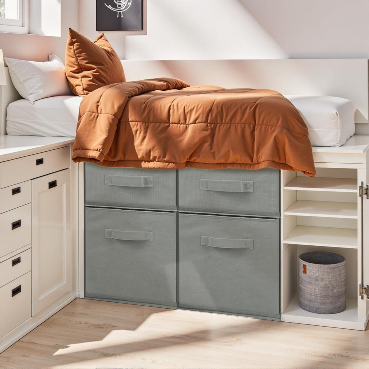 Weysat front view of four gray stackable drawers showing neat organization benefit