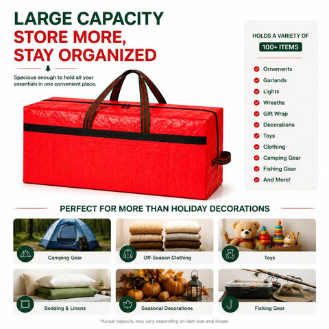 WFK bag packed with ornaments and wreaths to organize holiday decor