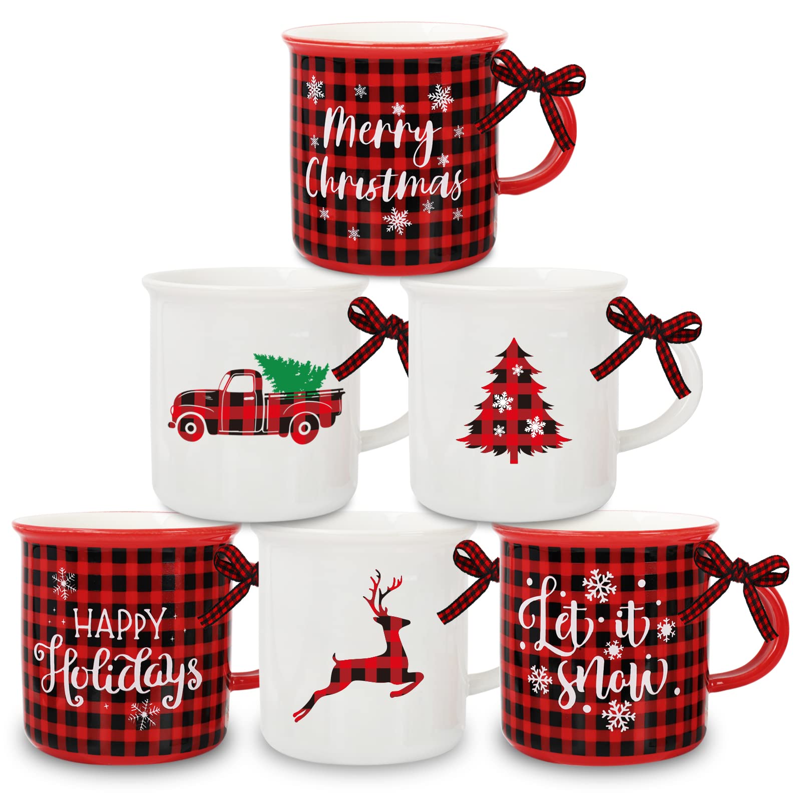 Whaline front view of six mini mugs showing holiday plaid and motifs, festive display benefit