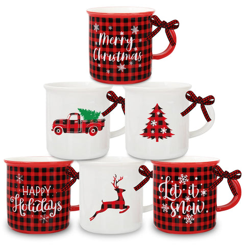 Whaline front view of six mini mugs showing holiday plaid and motifs, festive display benefit