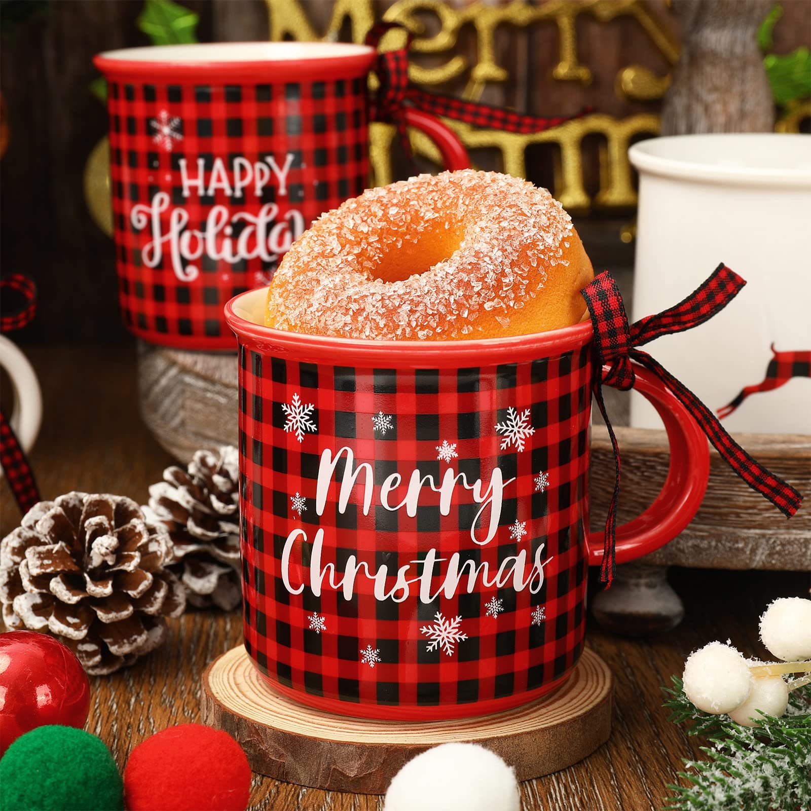 Whaline tiered tray styling with mini mugs adding rustic holiday cheer, staging benefit