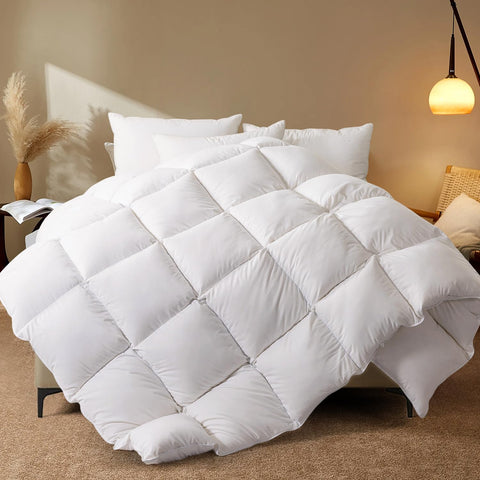 WhatsBedding queen comforter front view showing plush loft and neat edges for a luxurious sleep