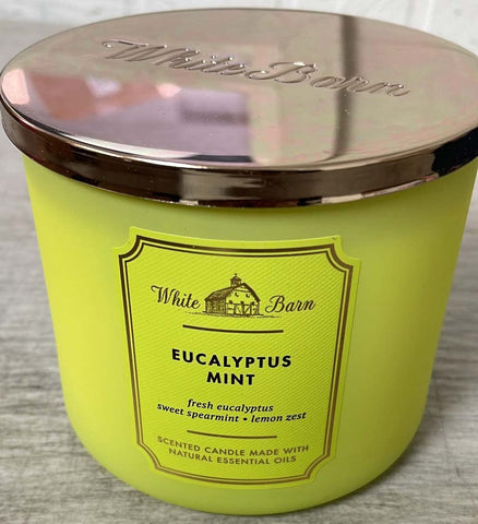 White Barn eucalyptus mint candle lit in a living room, creates fresh relaxing ambiance