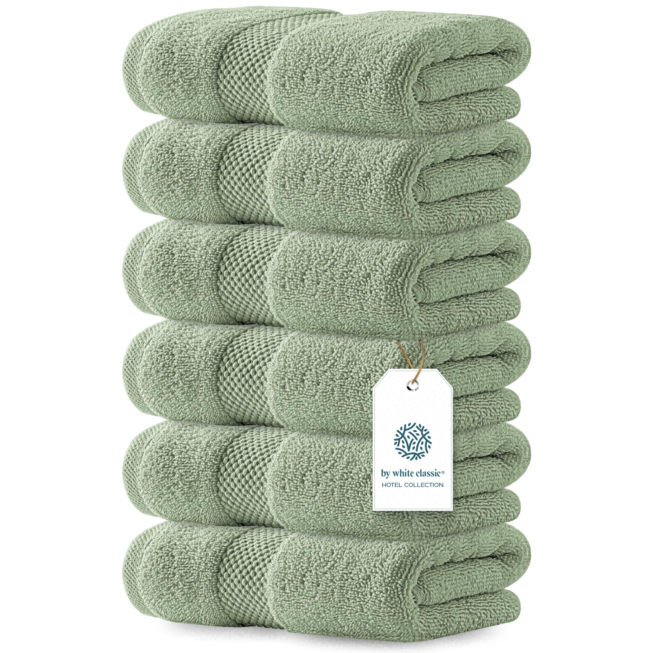 White Classic folded stack front view showing mint green towels and neat presentation benefit